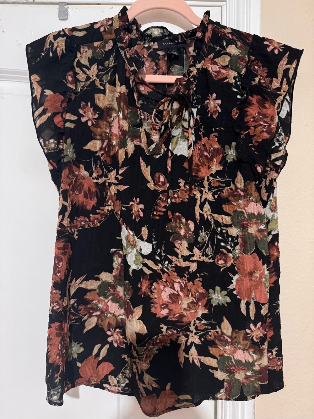 Tie-Neck Floral Cap Sleeve Blouse - Black with Rust & Olive Floral